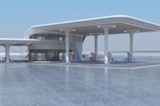 photorealistic rendering for 3dev charging station,gas station,parking space,v2g