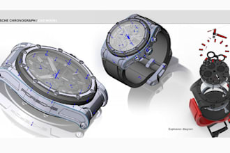 create manufacturer ready 3d cad watch model, rendering and technical drawing