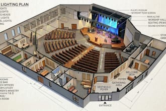 3d church floor plan sanctuary worship hall layout seating stage lighting plan