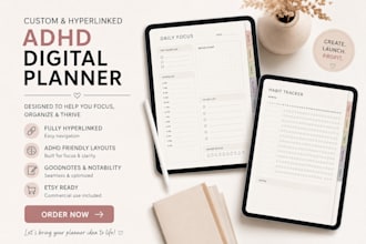 do custom adhd hyperlinked digital daily planner printable journal etsy products