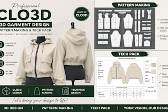 make detailed fashion tech pack for 3d clothing mockup