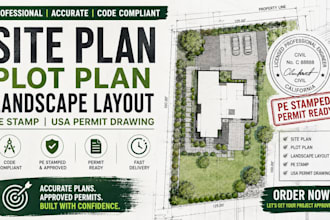 design site plan, plot plan, landscape layout, pe stamp and USA permit drawing