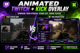 design animated twitch overlay, kick stream overlay package