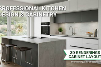 do 3d kitchen design, realistic interior rendering, and cabinet design