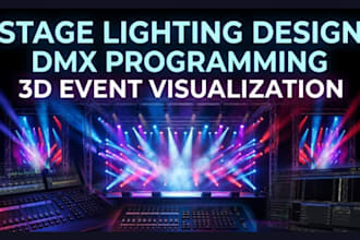 create 3d stage design, lighting design, dmx programming and event visualization