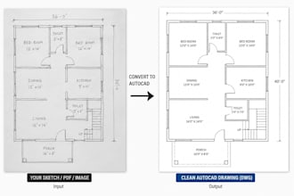 convert PDF, sketch, image to autocad floor plan, dwg blueprint