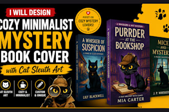 design a cozy minimalist mystery book cover with cat sleuth art