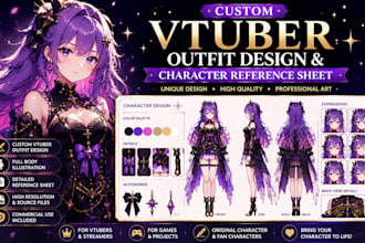 design a premium vtuber cosplay outfit and character reference sheet