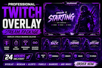 design stream overlay, twitch overlay, twitch logo, banner emotes, animated cute