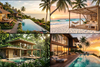 design and render eco resort, beach resort, vacation home and cabana