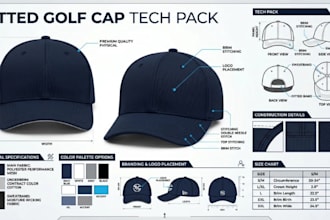 design headwear tech pack, fitted golf cap, beanie flat sketch, streetwear cap