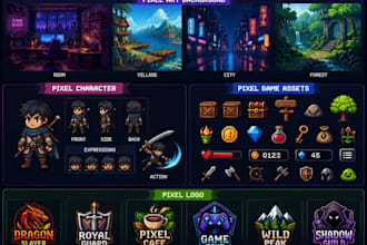 design pixel art background, pixel character, pixel game asset, pixel logo