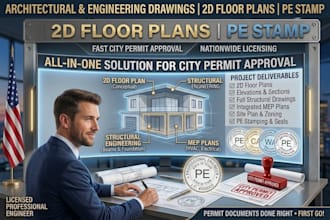architectural engineering drawings, 2d floor plans, and pe stamp for city permit