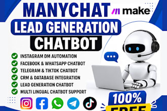 fix, setup manychat, manychat chatbot, tidio, chatfuel, with make com automation