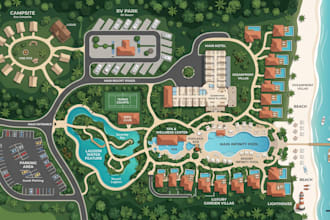 design luxury resort, hotel property, campsite and rv park map illustration