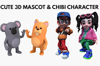 make cute 3d mascot, cartoon character, chibi, 3d animal for game or 3d printing