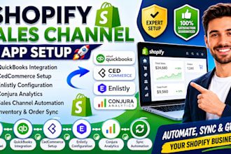 setup shopfy store sales channel quickbook cedcommerce enlistly and conjura apps