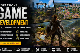 create 2d 3d multiplayer game, tycoon, adventure, simulator, rpg, game designs
