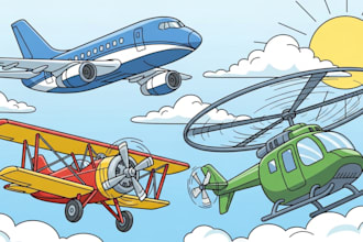 draw aircraft, airplane, helicopter into a vector cartoon