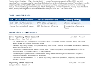 write a professional regulatory affairs resume and cover letter