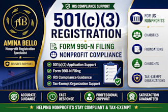 assist with 501c3 registration, form 990n and nonprofit compliance filing