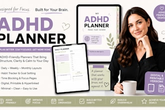 design an adhd planner, productivity planner, digital and hyperlinked planner