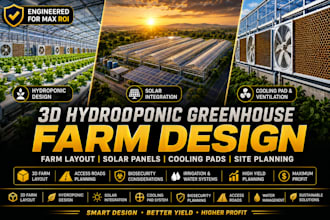 design 3d greenhouse farm, hydroponics, solar panel layout project