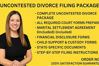 prepare a uncontested divorce filing package with all required court forms