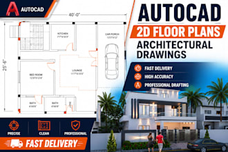 create autocad floor plans, elevations, sections and 3d house models