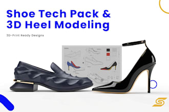 create detailed shoe tech pack, 3d heel modeling and 3d printable loafers