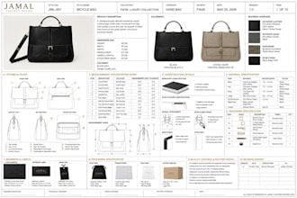 design a professional bag techpack with bom, construction details, hardware spec