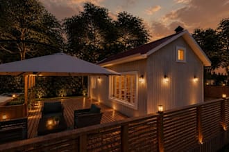 build tiny cabin house,visualize outdoor space,pergola photorealistic, deck plan