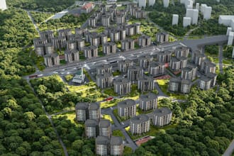 turn 2d to large scale community building,site urban layout,city drone rendering