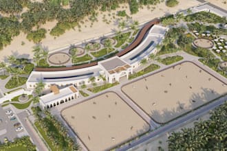 create photorealistic 3d equestrian center, horse stable and riding arena design