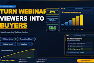 write a high converting webinar script, presentation script, slides and funnel