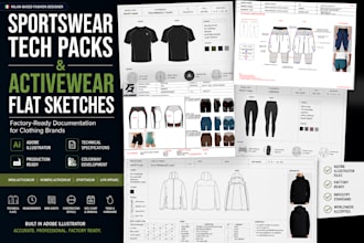 design sportswear tech packs and activewear flat sketches for clothing brands