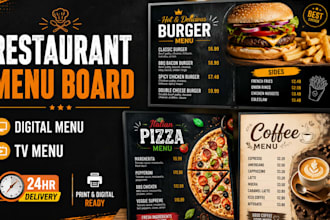 design restaurant menu board, digital menu, cafe menu, TV menu and food signage