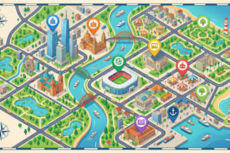 design custom illustrated city map, travel map and tourist map illustration