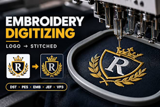 do embroidery digitizing, logo digitizing, dst pes emb jef vp3 files in 1 hour