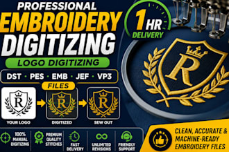 do embroidery digitizing, logo digitizing, dst pes emb jef vp3 files in 1 hour