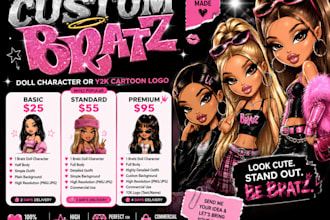 draw custom fashion bratz doll character or y2k cartoon logo