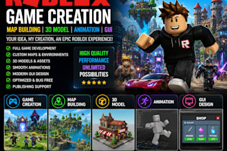 develop full roblox game creation, roblox map building, 3d model, animation, gui
