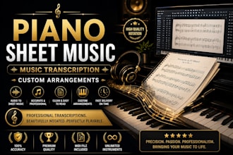 create piano sheet music, music transcription, piano notation, midi, score