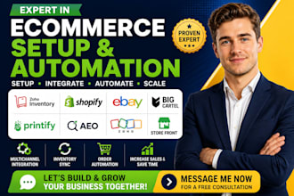 setup zoho inventory, shopify, ebay, big cartel printify  aeo,  store automation