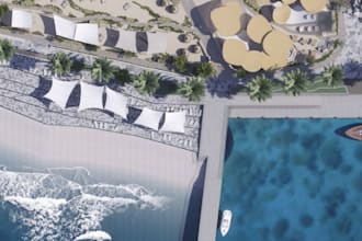 l create 3d waterfront beach club with custom sandy shoreline loungers and bars