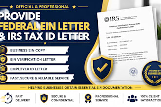 provide federal ein letter, business ein copy, irs tax id letter for business