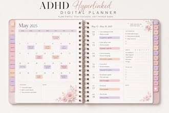 create an adhd hyperlinked digital planner, habit tracker, journal and  calendar