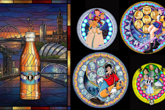 design stained glass, mosaic logo and illustration vintage stained glass art