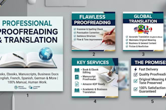 translate books, proofread, documents, grammar correction, language translation