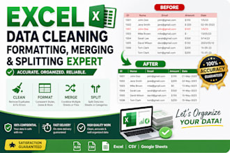 clean, format, merge, split excel data